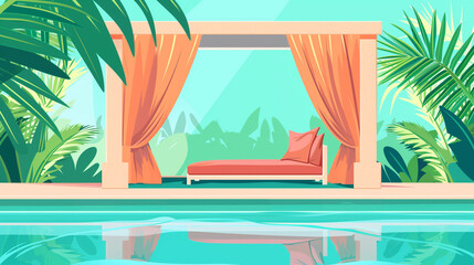 Obraz premium Orange cushions adorn a chaise lounge under a canopy by the pool, surrounded by tropical plants, flat style design