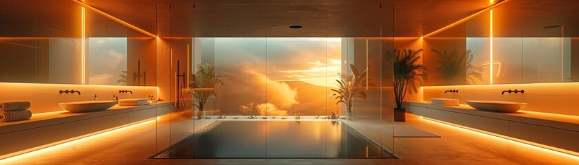 Fototapeta premium Modern bedroom with a lowprofile bed minimalist decor and floortoceiling windows neutral color palette soft sunlight digital painting