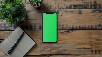 Fototapeta na wymiar mobile phone with green screen on wooden table