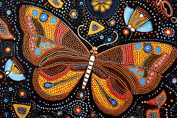 Australian Aboriginal dot painting style art dreaming with butterflies in traditional colors.