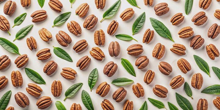 Seamless pattern of whole and halved pecans with scattered leaves on a light background, Pecans, seamless, pattern, autumn, nut