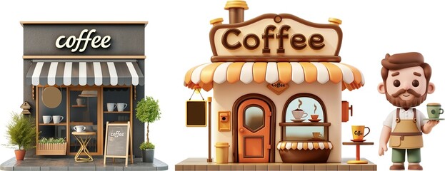 3d illustration of coffee shop with a sign and barista
