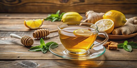 Refreshing lemon ginger tea with honey in a clear glass cup on a wooden table , cold, remedy, health, wellness, natural, herbal