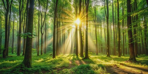 Sunlight filtering through dense forest trees, Sunbeams, nature, woods, foliage, trees, sunlight, shadows, tranquil