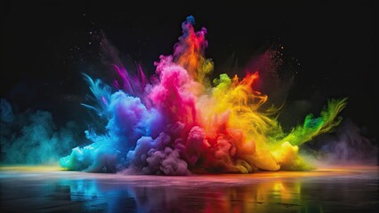 Fototapeta premium Vibrant colorful gradient splash on black background with smoke in spotlight, vibrant, colorful, gradient, splash
