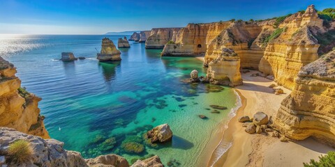 Sandy Marinha Beach with clear blue waters and stunning rock formations, Marinha Beach, Portugal, Algarve, coastline, sea