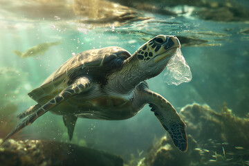Sea turtles eat clear plastic bags under the dirty sea.