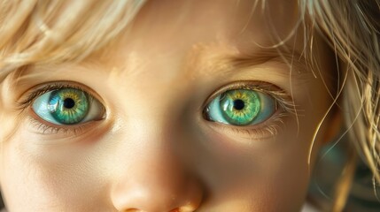 Naklejka premium Curious eyes of a little blonde girl. Cute child with beautiful green eyes looking into the camera close-up portrait