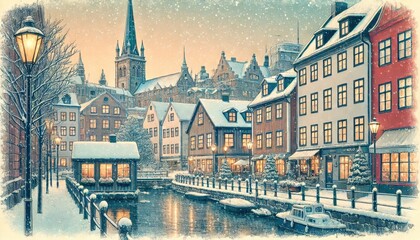 Obraz premium Winter in Gothenburg, Sweden, featuring forzen canals, wooden houses dusted with snow and cozy cafés