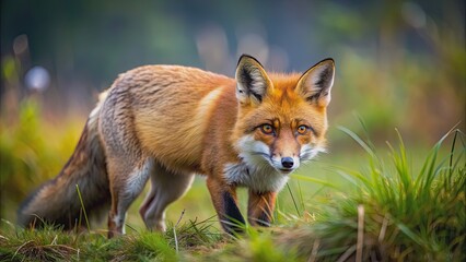 Fototapeta premium Red fox foraging in the wild , red fox, wild, animal, wildlife, nature, fur, mammal, predator, forest, hunting, outdoors