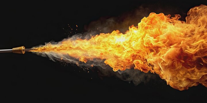 Close-up shot of a flamethrower jetting a burst of fire on a black background, flamethrower, flame, fire, powerful, heat