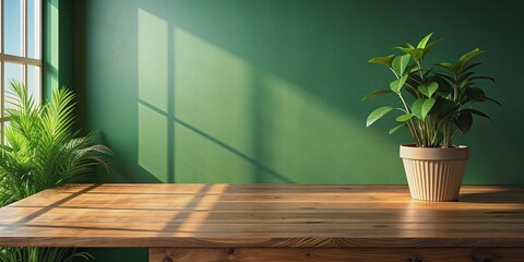 Wooden table with green wall background