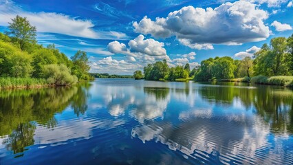 Fototapeta premium Serene lake with lush trees under a blue sky with fluffy clouds, serene, lake, lush, trees, blue sky, fluffy clouds, peaceful