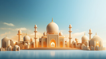 Islamic theme background, majestic mosque set against a light blue clear skies background and the reflection.
