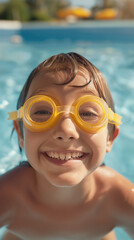 Naklejka premium A boy with yellow goggles smiles in a swimming pool on a sunny day