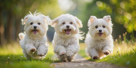 Three adorable Maltese dogs joyfully running towards their owner, Maltese, dogs, cute, running,...