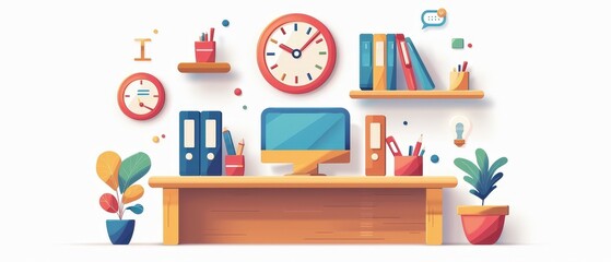 Colorful illustration of a tidy workspace with a computer, clock, shelves, and plants. Ideal for productivity, office, or home office themes.