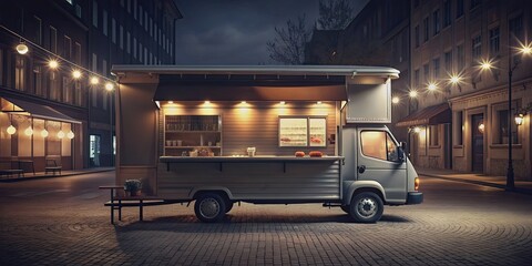 Dark street food van parked on empty street at night , food truck, evening, urban, city, dark, illuminated, street, alone, deserted