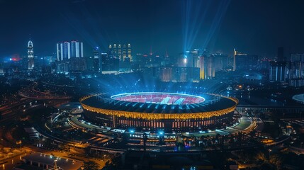 Naklejka premium Nighttime Aerial View of a Stadium in Kuala Lumpur, Malaysia
