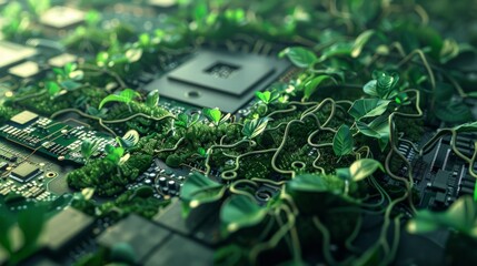 Illustration of motherboard or cicruit board covered with leaves roots and plants, concept of sustainable development and green energy ecology. 