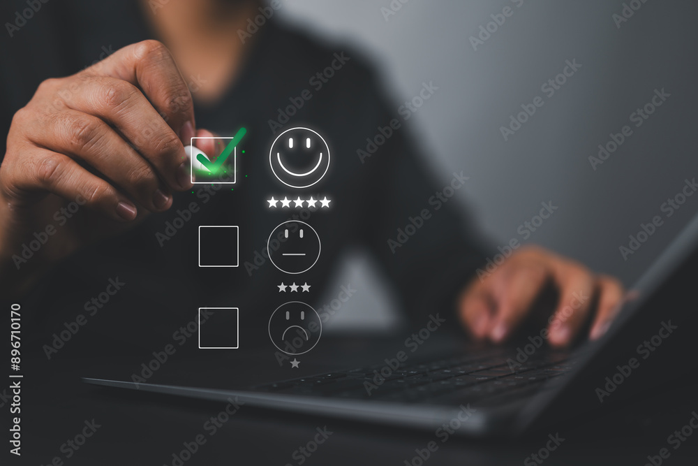 Poster customer satisfaction feedback survey concept. user give rating to service experience on online appl