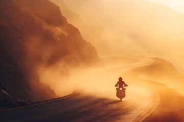 a lone biker riding through a mountainous road at dawn, surrounded by mist and rising sun