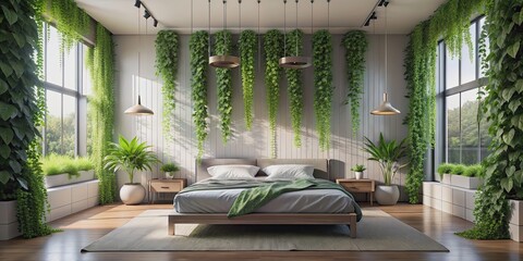 Bedroom with vines hanging UHD wallpaper, bedroom, vines, hanging, UHD wallpaper, interior design, greenery, botany