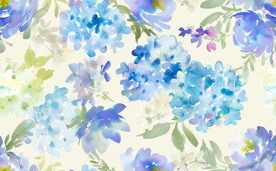 Seamless pattern of abstract hydrangea and wildflowers painted in watercolor	
