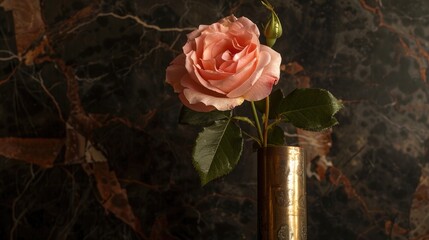 Elegant pink rose in a gun shell vase on dark background