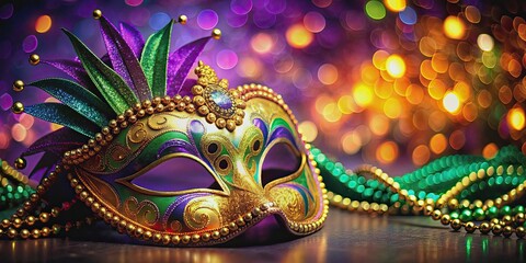 Fototapeta premium of a colorful Mardi Gras mask, Mardi Gras, mask, celebration, party, festive, carnival, costume, disguise, feathers