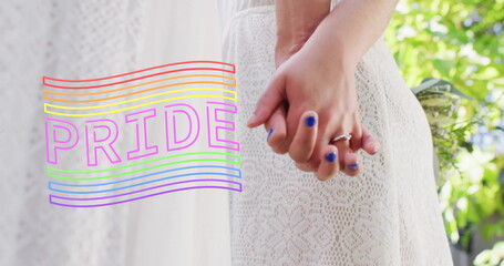 Image of rainbow pride text over diverse female married couple holding hands