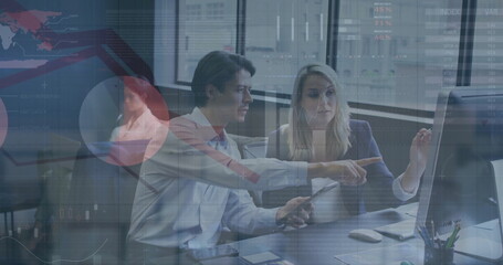 Obraz premium Image of financial data processing over diverse business people in office