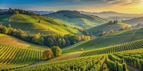 Rolling hills covered with vineyards, forests, and fields, scenic, landscape, agriculture, countryside, rural, nature