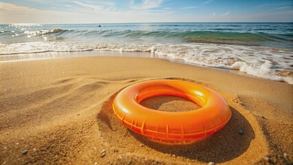 Obraz premium Orange plastic swimming ring lying on sandy beach , beach, sand, summer, vacation, leisure, water, ocean, relaxation, sunny, swim