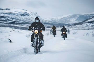 a biker gang riding through a snow-covered landscape, with a focus on the lead biker and the rugged terrain