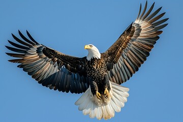 Fototapeta premium An American Eagle in the clear blue sky. Its wings are fully spread, showcasing the impressive span and intricate feather patterns. The eagle's sharp gaze adds to its regal and formidable presence.
