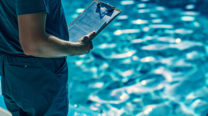 A maintenance worker in a blue uniform checks a clipboard while standing beside a swimming pool, copy space - Powered by Adobe