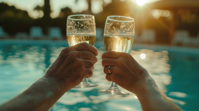 Two hands clink glasses of champagne, with a pool in the background