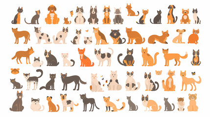 A diverse collection of adorable cats and dogs in various poses and colors, showcasing different breeds and styles.