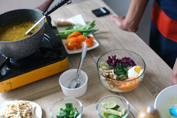 Ingredients For Making Chicken Soup With Noodles. Homemade Indonesian Traditional Food