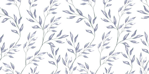  Watercolor seamless pattern, grey color, background with a floral pattern. Illustration - Branch, wild grass, plant, leaf. Vintage pattern 
