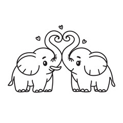 Line art of elephant couple showing their trunks to be a heart shape vector