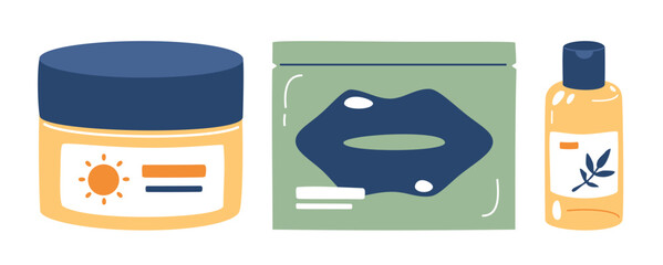 A set of three skincare products, including a jar of sunscreen, a sheet mask for lips, and a bottle of serum.