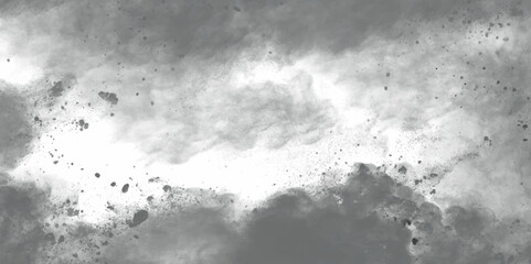 Abstract white and gray isolated cloud cumulus clouds. Gray aquarelle painted realistic fog or mist smoky textured canvas design. White and ash messy wall stucco texture background.