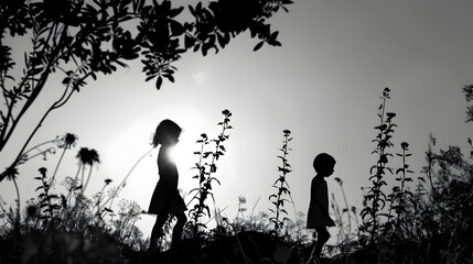 Childrens Playful Garden Exploration Captured in Cinematic Black and White Silhouette