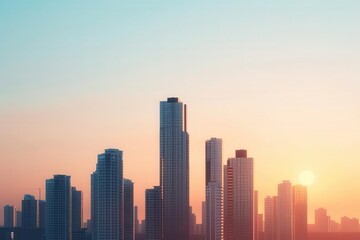 Obraz premium A cityscape with a new skyscraper being built, set against a clear sky with plenty of space for promotional text