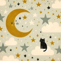 Naklejka premium Starry Night with Black Cat. 