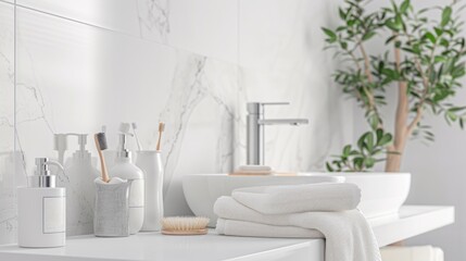 Fototapeta premium White bathroom with space for bath products and cosmetics