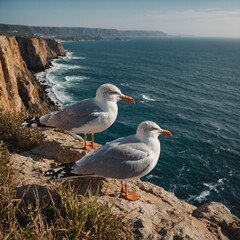A pair of seagulls resting on a cliff overlooking the ocean.