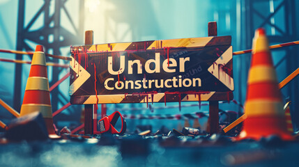 Website banner with a maintenance message, including traffic cones and caution tape, to inform users of current updates or maintenance work